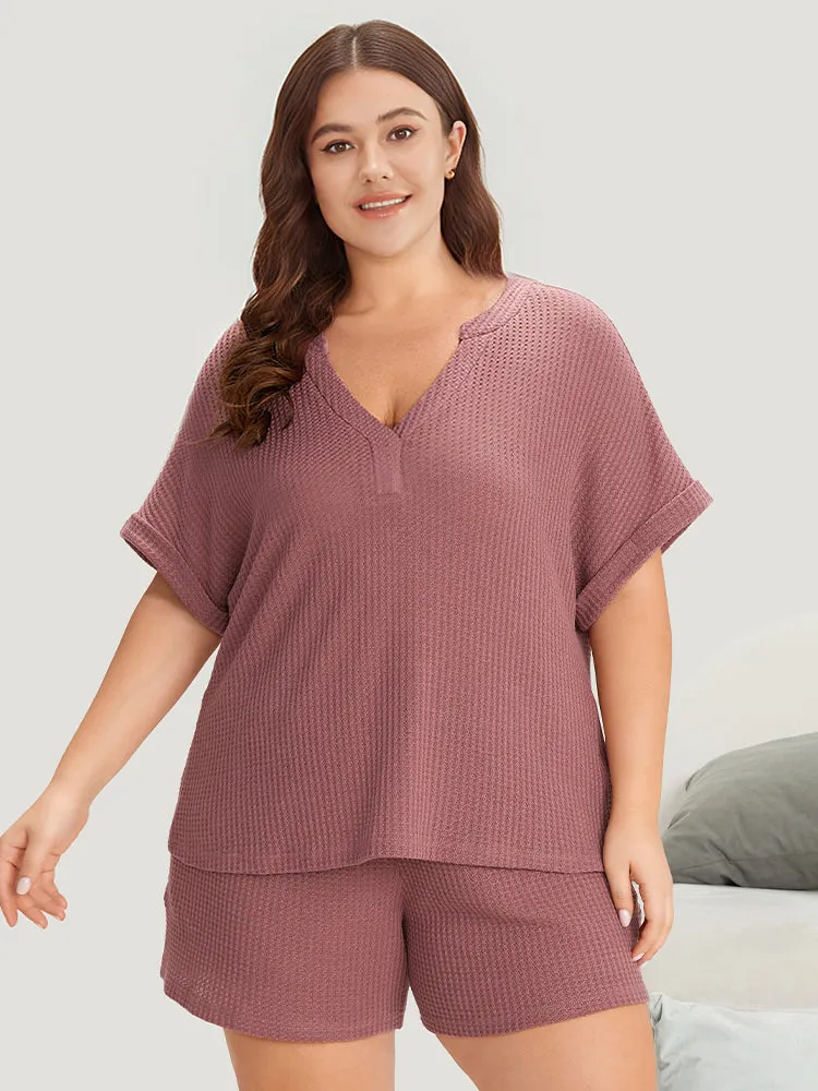 Waffle Knit Notched Roll Batwing Sleeve Sleep Top sold by Bloomchic