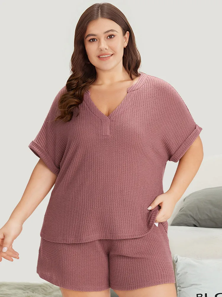 Waffle Knit Notched Roll Batwing Sleeve Sleep Top sold by Bloomchic product image thumbnail 5