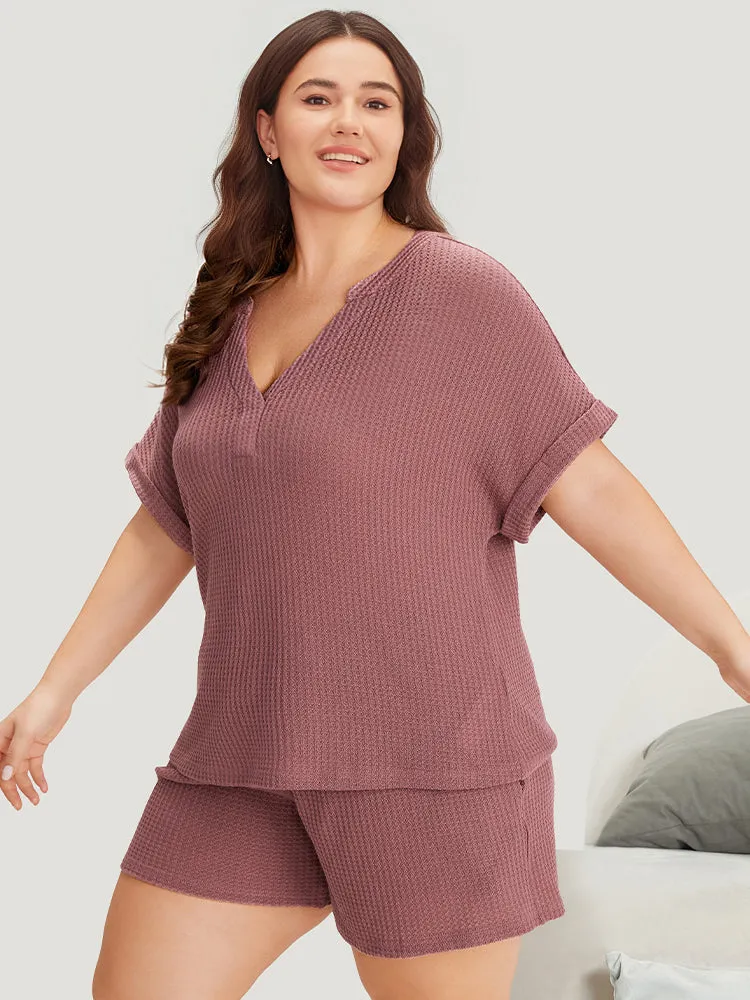 Waffle Knit Notched Roll Batwing Sleeve Sleep Top sold by Bloomchic product image thumbnail 3