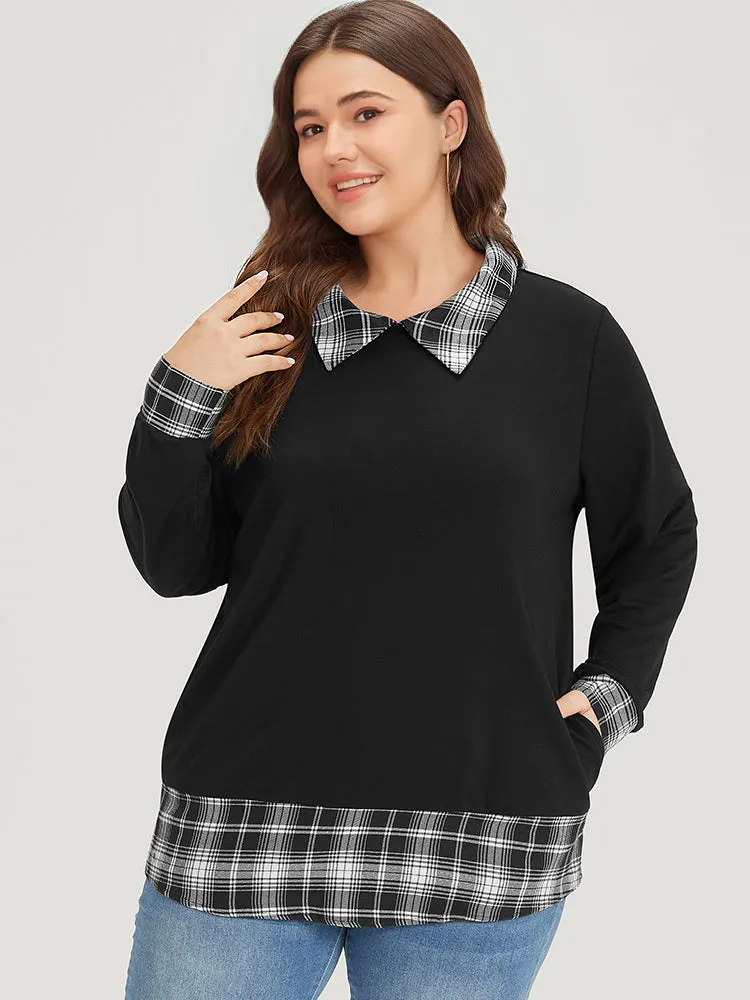 Plaid Patchwork Shirt Collar Arc Hem Sweatshirt sold by Bloomchic