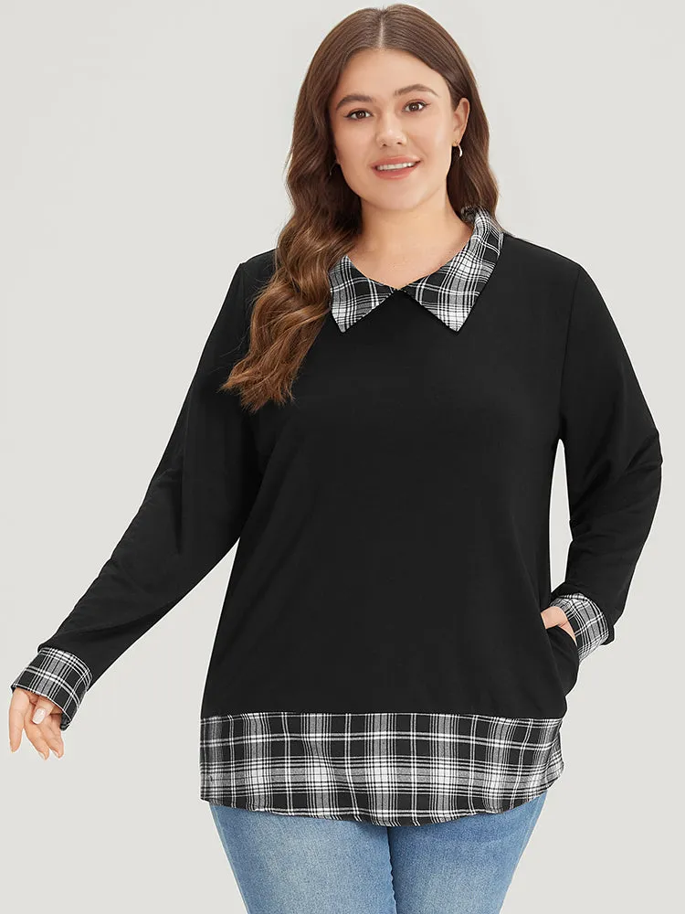 Plaid Patchwork Shirt Collar Arc Hem Sweatshirt sold by Bloomchic product image thumbnail 2