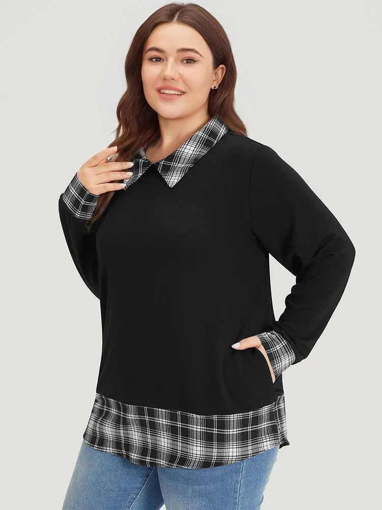 Plaid Patchwork Shirt Collar Arc Hem Sweatshirt sold by Bloomchic product image thumbnail 3