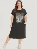 Letter & Guitar Print Pocket Split Side Dress sold by Bloomchic