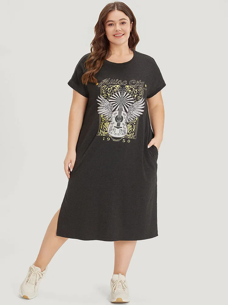 Letter & Guitar Print Pocket Split Side Dress sold by Bloomchic