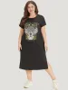 Letter & Guitar Print Pocket Split Side Dress sold by Bloomchic