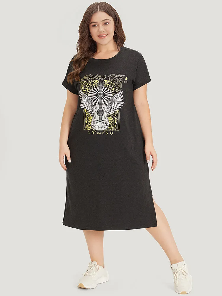 Letter & Guitar Print Pocket Split Side Dress sold by Bloomchic product image thumbnail 2