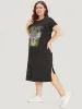 Letter & Guitar Print Pocket Split Side Dress sold by Bloomchic
