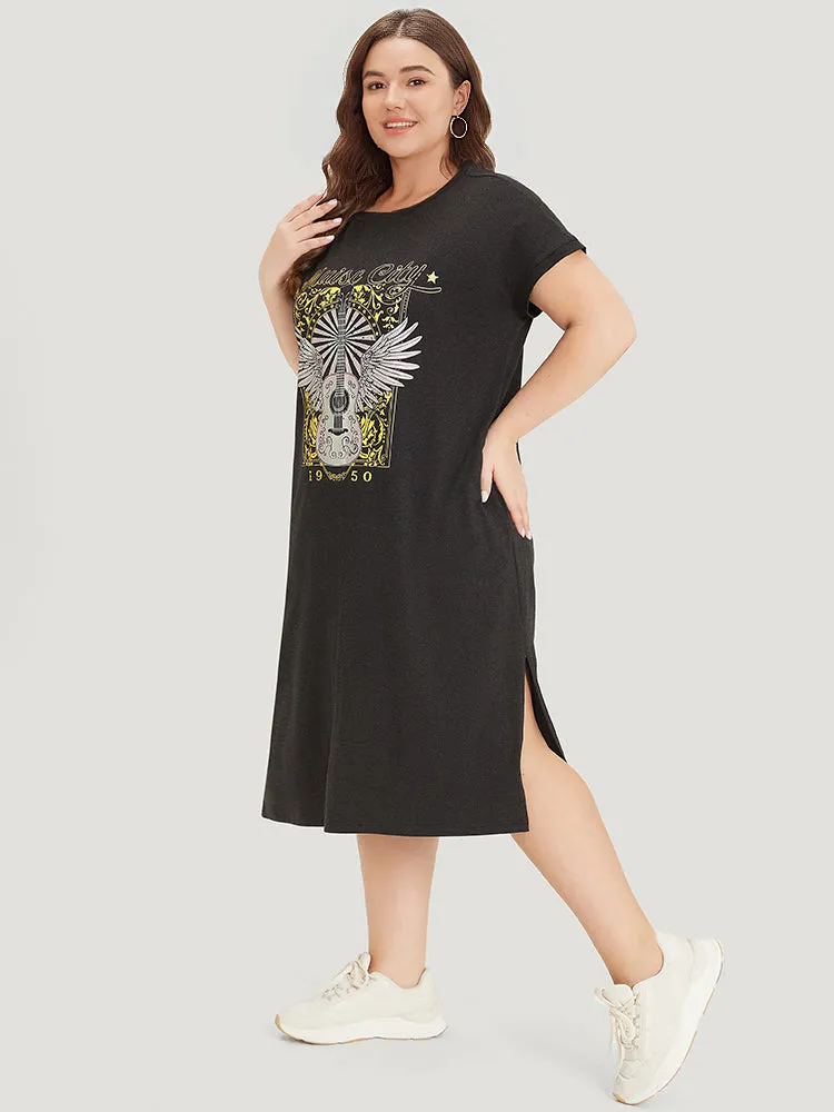 Letter & Guitar Print Pocket Split Side Dress sold by Bloomchic product image thumbnail 3