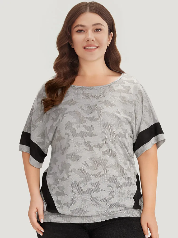 Camo Contrast Patchwork Dolman Sleeve T-shirt sold by Bloomchic