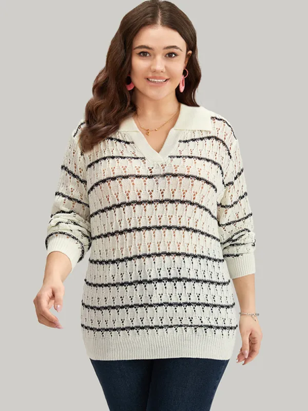 Striped Hollow Out Lapel Collar Pullover sold by Bloomchic