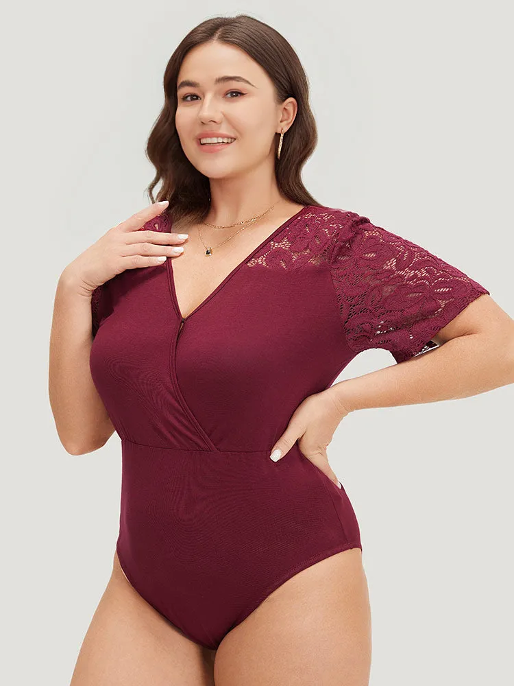 Plain Crochet Lace Mesh Surplice Neck Bodysuit sold by Bloomchic product image thumbnail 3