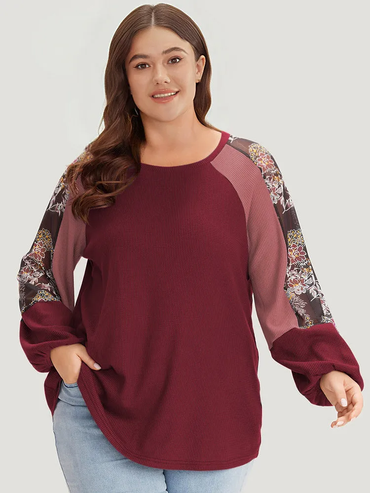 Floral Mesh Patchwork Lantern Sleeve Sweatshirt sold by Bloomchic