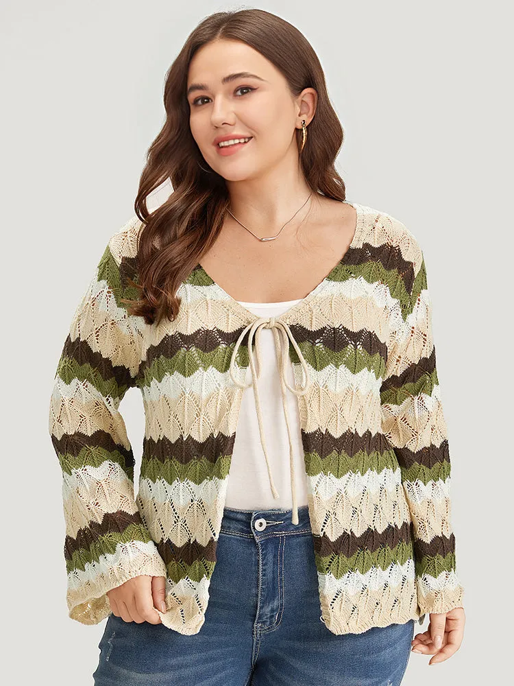 Colorblock Contrast Eyelet Bell Sleeve Ties Cardigan sold by Bloomchic