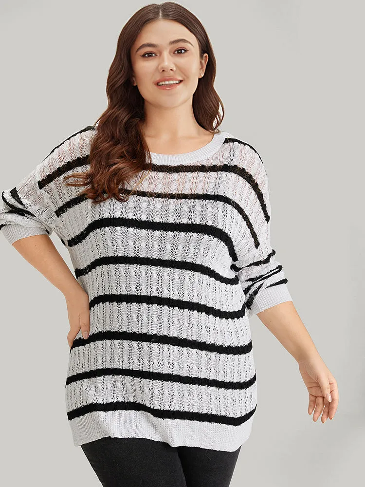 Striped Cable Knit Drop Shoulder Pullover sold by Bloomchic