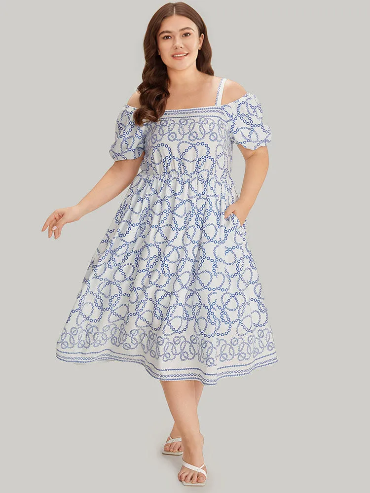 Geometric Print Cold Shoulder Pocket Elastic Waist Dress sold by Bloomchic