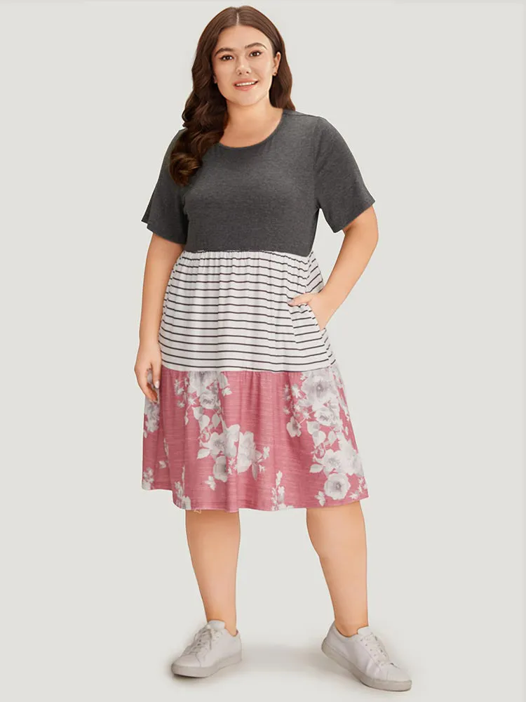 Supersoft Essentials Floral Striped Patchwork Pocket Crew Neck Dress sold by Bloomchic