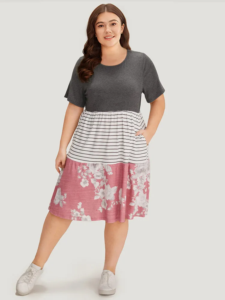 Supersoft Essentials Floral Striped Patchwork Pocket Crew Neck Dress sold by Bloomchic product image thumbnail 2