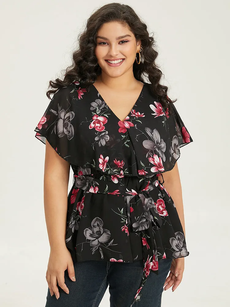 Floral Split Batwing Sleeve Wrap Mesh Belted Blouse sold by Bloomchic