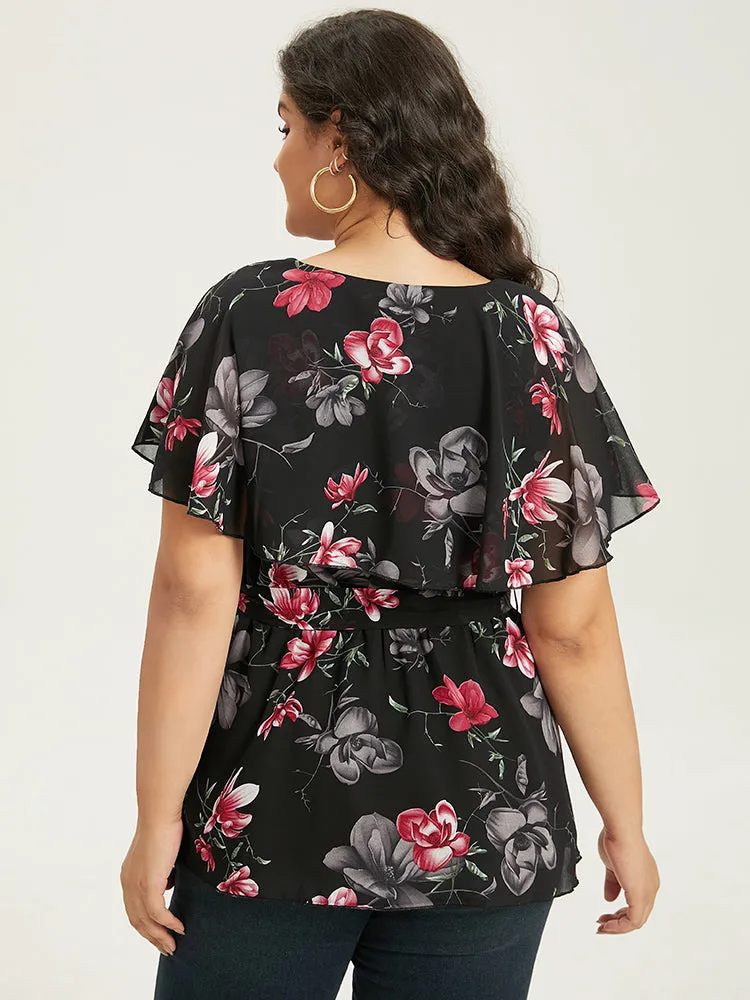 Floral Split Batwing Sleeve Wrap Mesh Belted Blouse sold by Bloomchic product image thumbnail 5