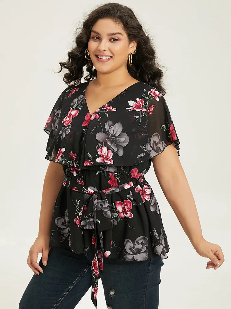 Floral Split Batwing Sleeve Wrap Mesh Belted Blouse sold by Bloomchic product image thumbnail 4