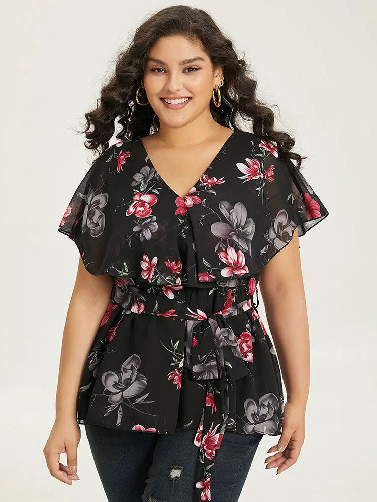 Floral Split Batwing Sleeve Wrap Mesh Belted Blouse sold by Bloomchic product image thumbnail 2