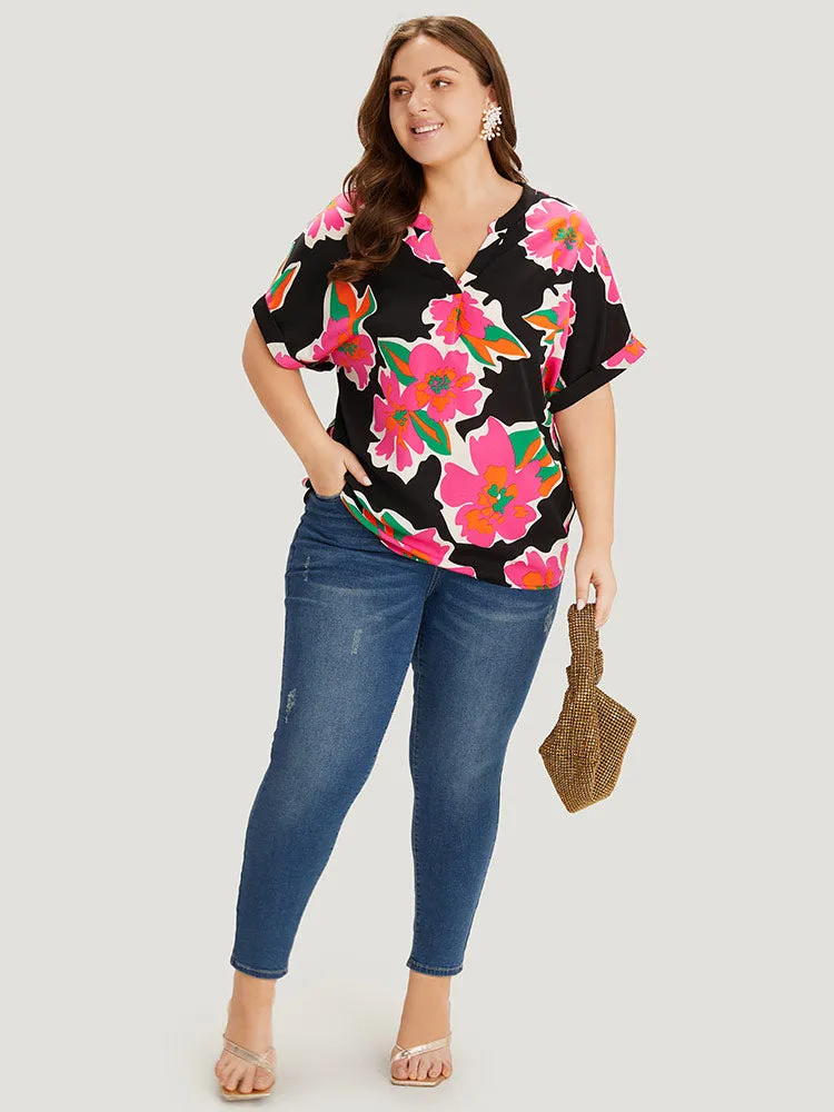 Floral Print Notched Roll Dolman Sleeve Blouse sold by Bloomchic product image thumbnail 4
