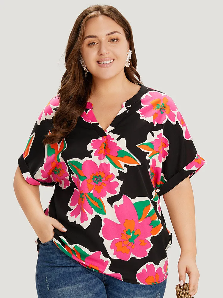 Floral Print Notched Roll Dolman Sleeve Blouse sold by Bloomchic
