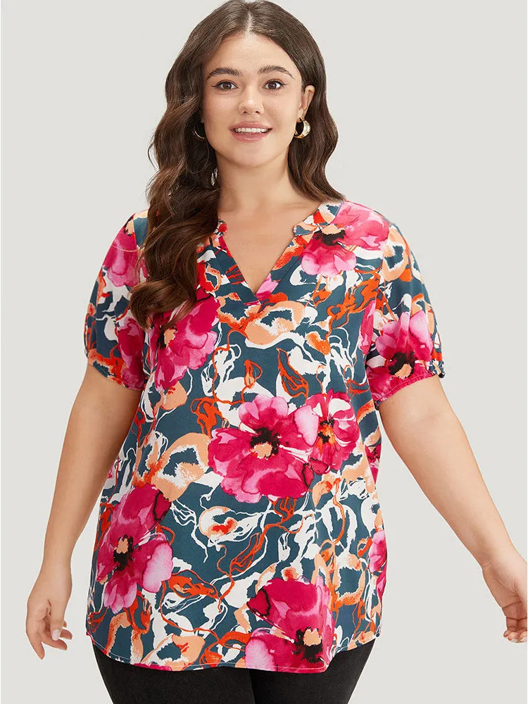 Floral Print Notched Lantern Sleeve Blouse sold by Bloomchic