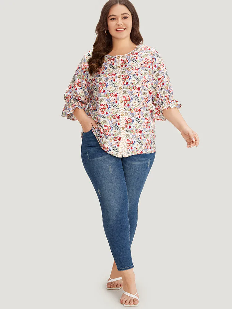 Floral & Paisley Graphic Button Up Lantern Sleeve Blouse sold by Bloomchic product image thumbnail 4