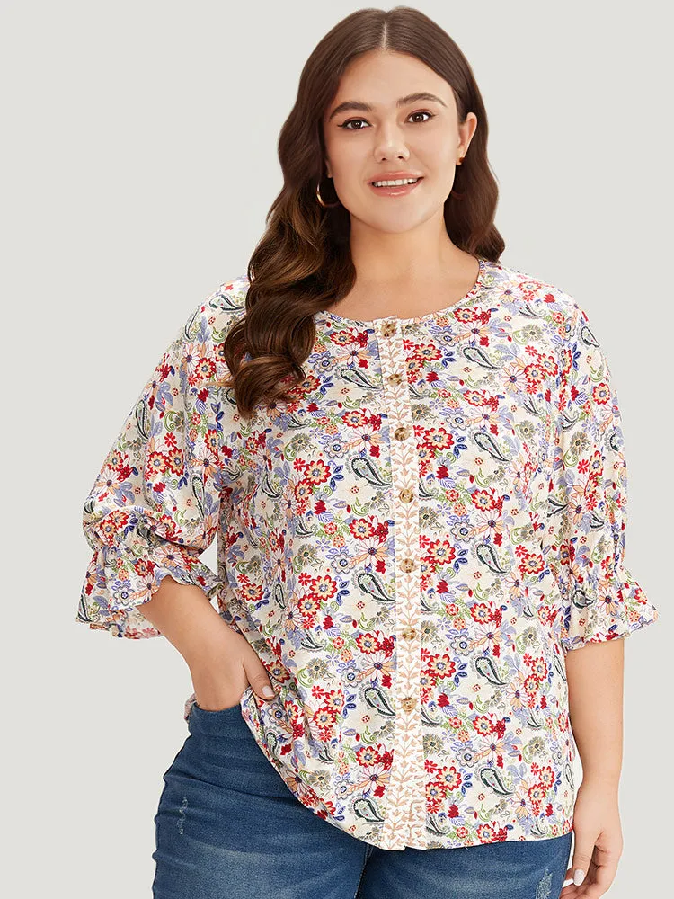 Floral & Paisley Graphic Button Up Lantern Sleeve Blouse sold by Bloomchic product image thumbnail 5