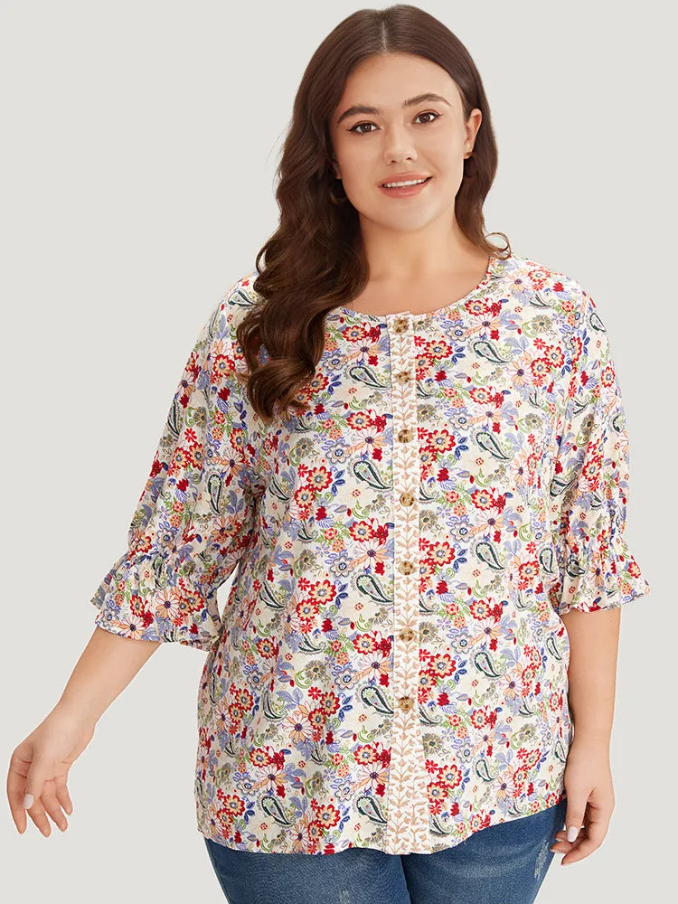 Floral & Paisley Graphic Button Up Lantern Sleeve Blouse sold by Bloomchic