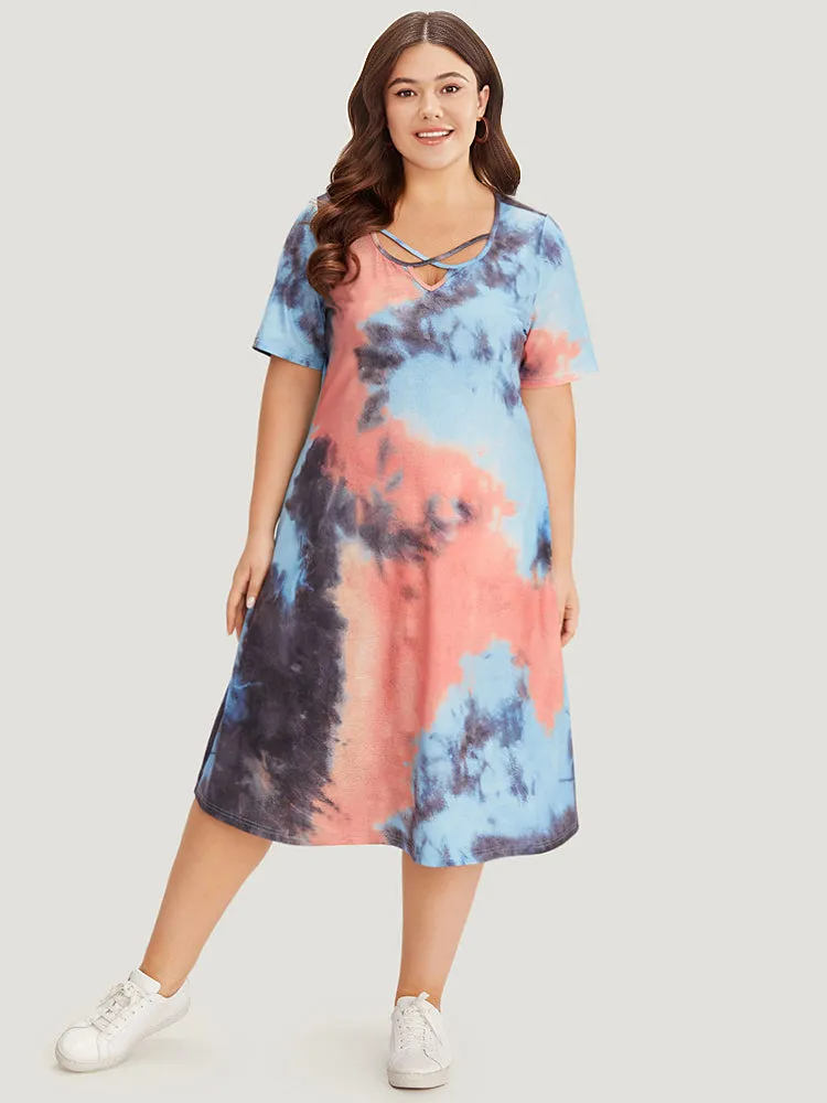 Tie Dye Pocket Crisscross Neck Dress sold by Bloomchic