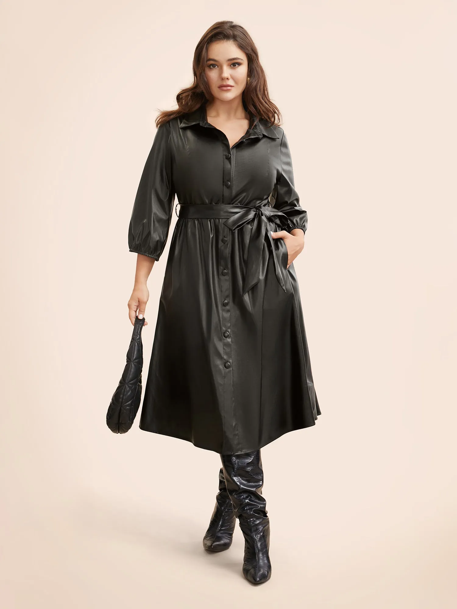 Shirt Collar PU Leather Belted Dress sold by Bloomchic