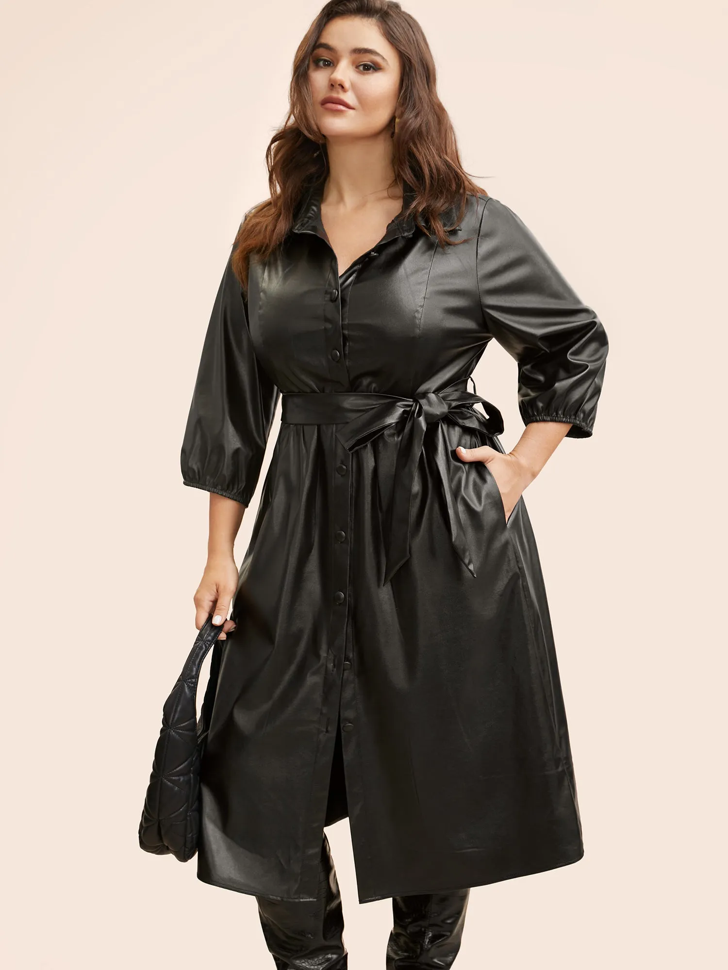 Shirt Collar PU Leather Belted Dress sold by Bloomchic product image thumbnail 5