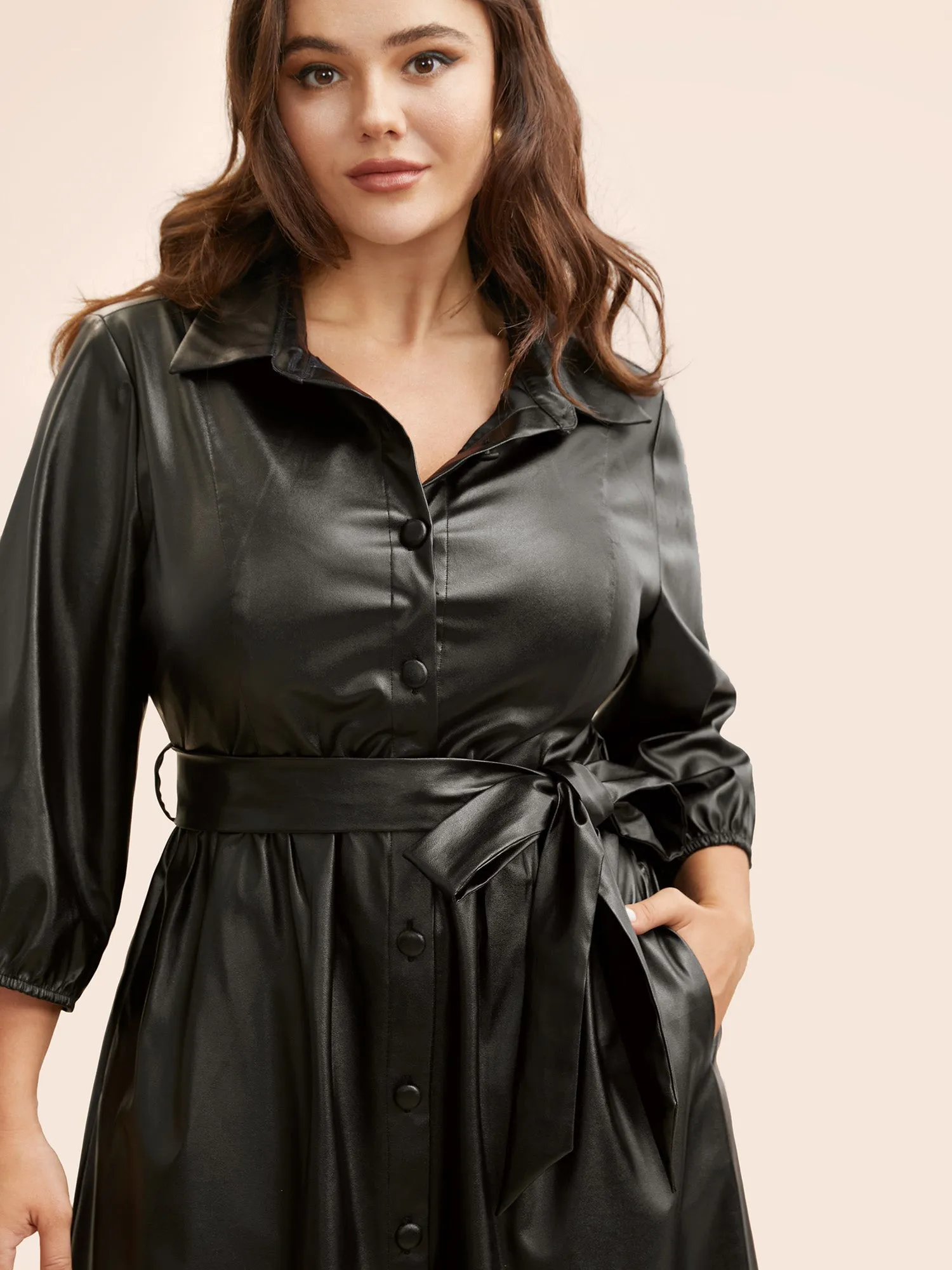 Shirt Collar PU Leather Belted Dress sold by Bloomchic product image thumbnail 2