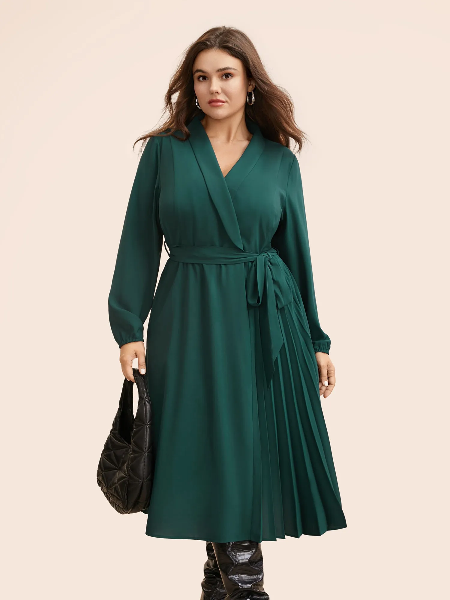 Suit Collar Pleated Belted Midi Dress sold by Bloomchic product image thumbnail 2