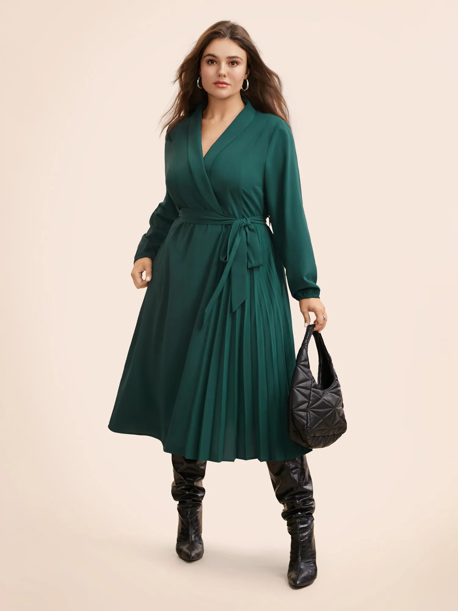 Suit Collar Pleated Belted Midi Dress sold by Bloomchic