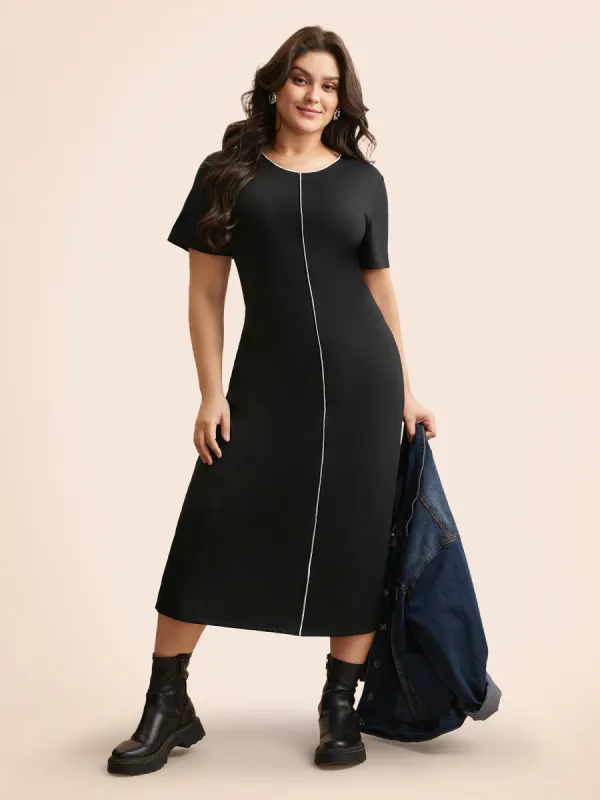 Round Neck Contrast Topstitching Slit Hem Dress sold by Bloomchic