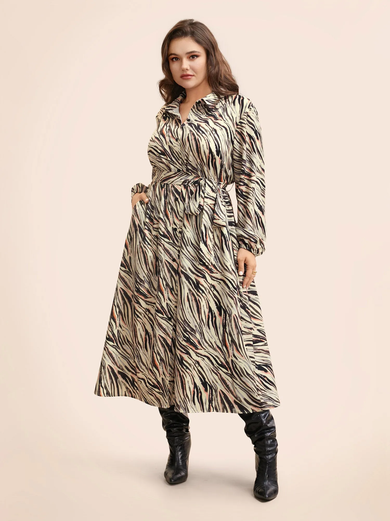 Zebra Print Shirt Collar Belted Dress sold by Bloomchic