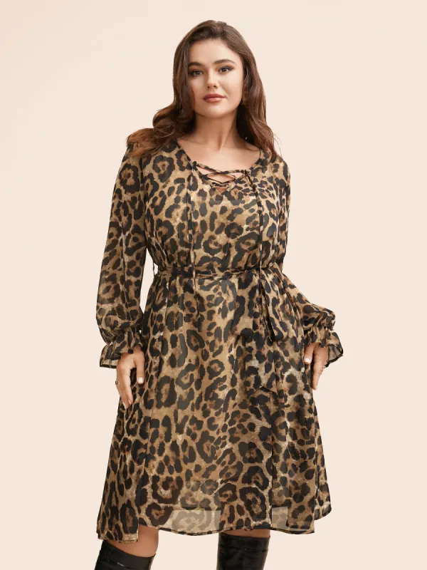 Leopard Print Lace Up Lantern Sleeve Dress sold by Bloomchic