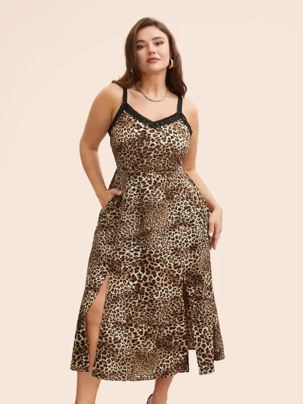 Leopard Print Lace Patchwork Slit Hem Dress sold by Bloomchic