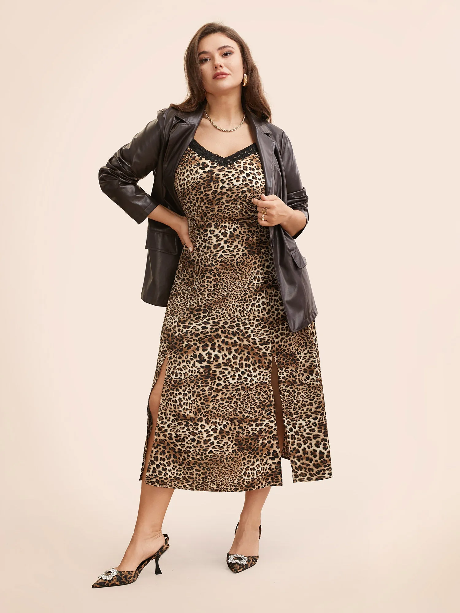 Leopard Print Lace Patchwork Slit Hem Dress sold by Bloomchic product image thumbnail 2
