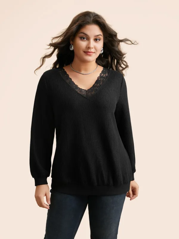 Textured V Neck Lace Patchwork Sweatshirt sold by Bloomchic