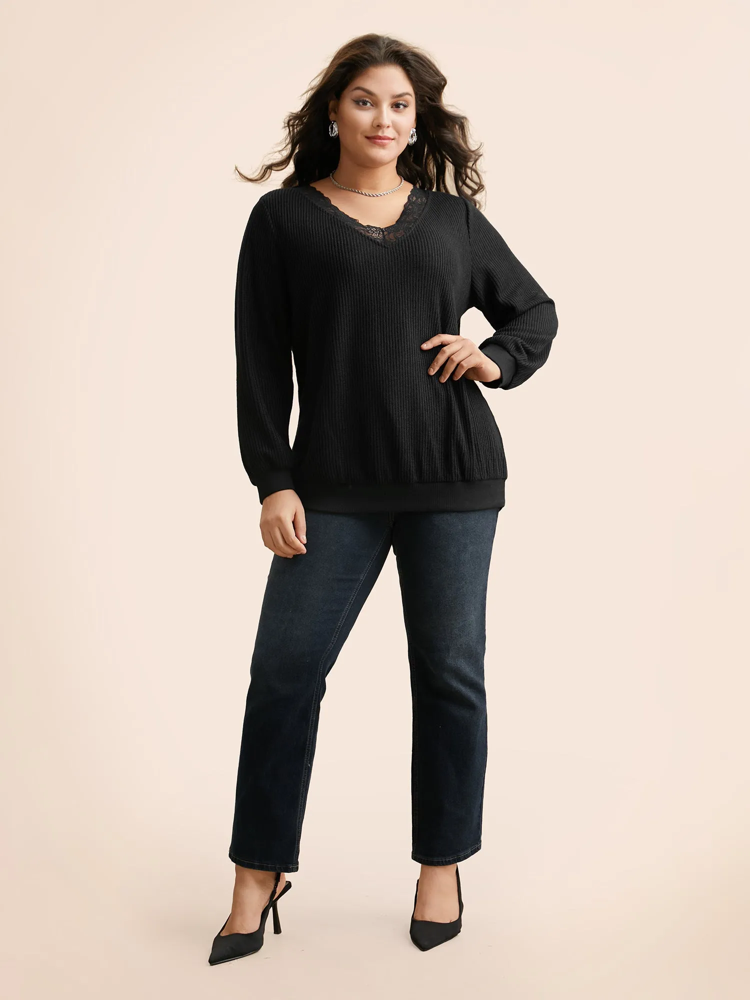 Textured V Neck Lace Patchwork Sweatshirt sold by Bloomchic product image thumbnail 3