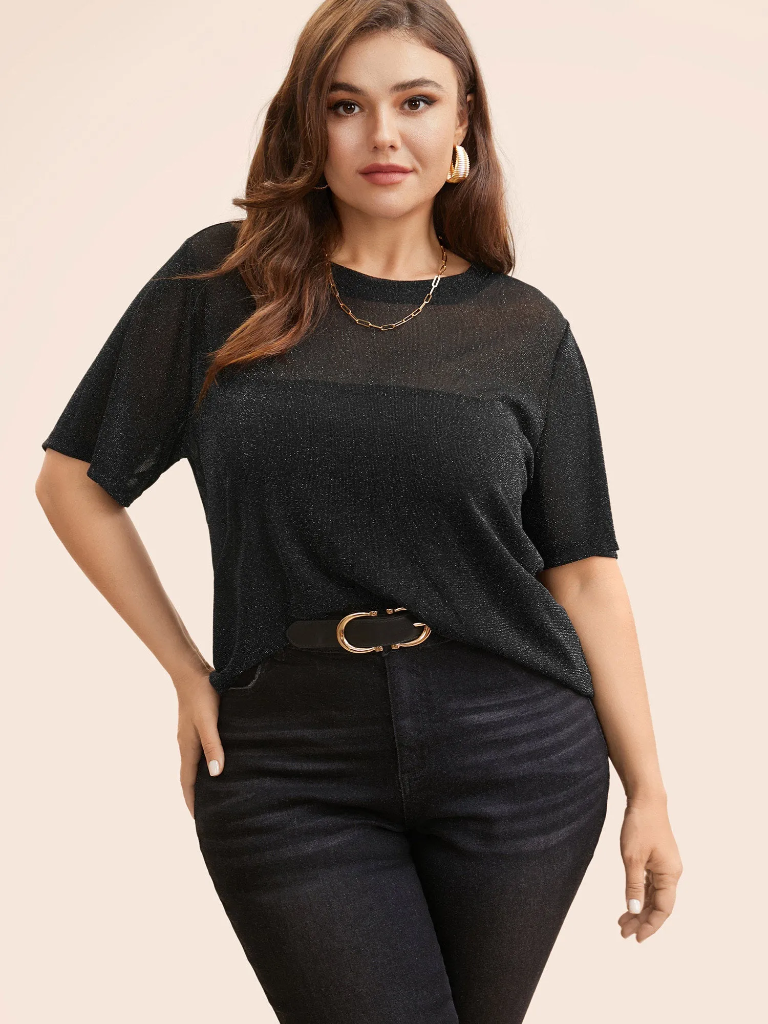 Round Neck Luxe Mesh T-shirt sold by Bloomchic