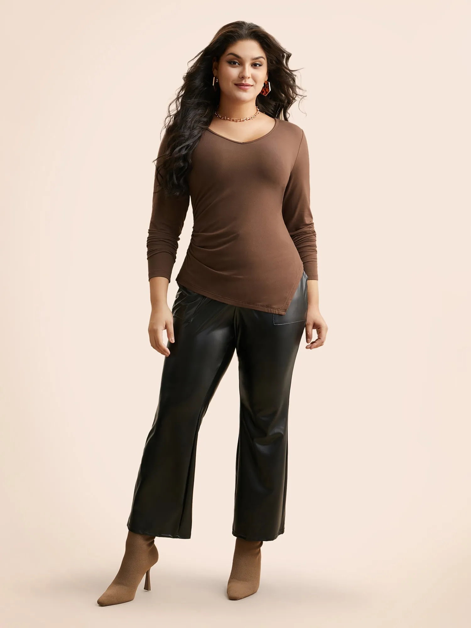 V Neck Gathered Asymmetrical Hem T-shirt sold by Bloomchic product image thumbnail 4