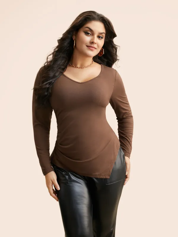V Neck Gathered Asymmetrical Hem T-shirt sold by Bloomchic