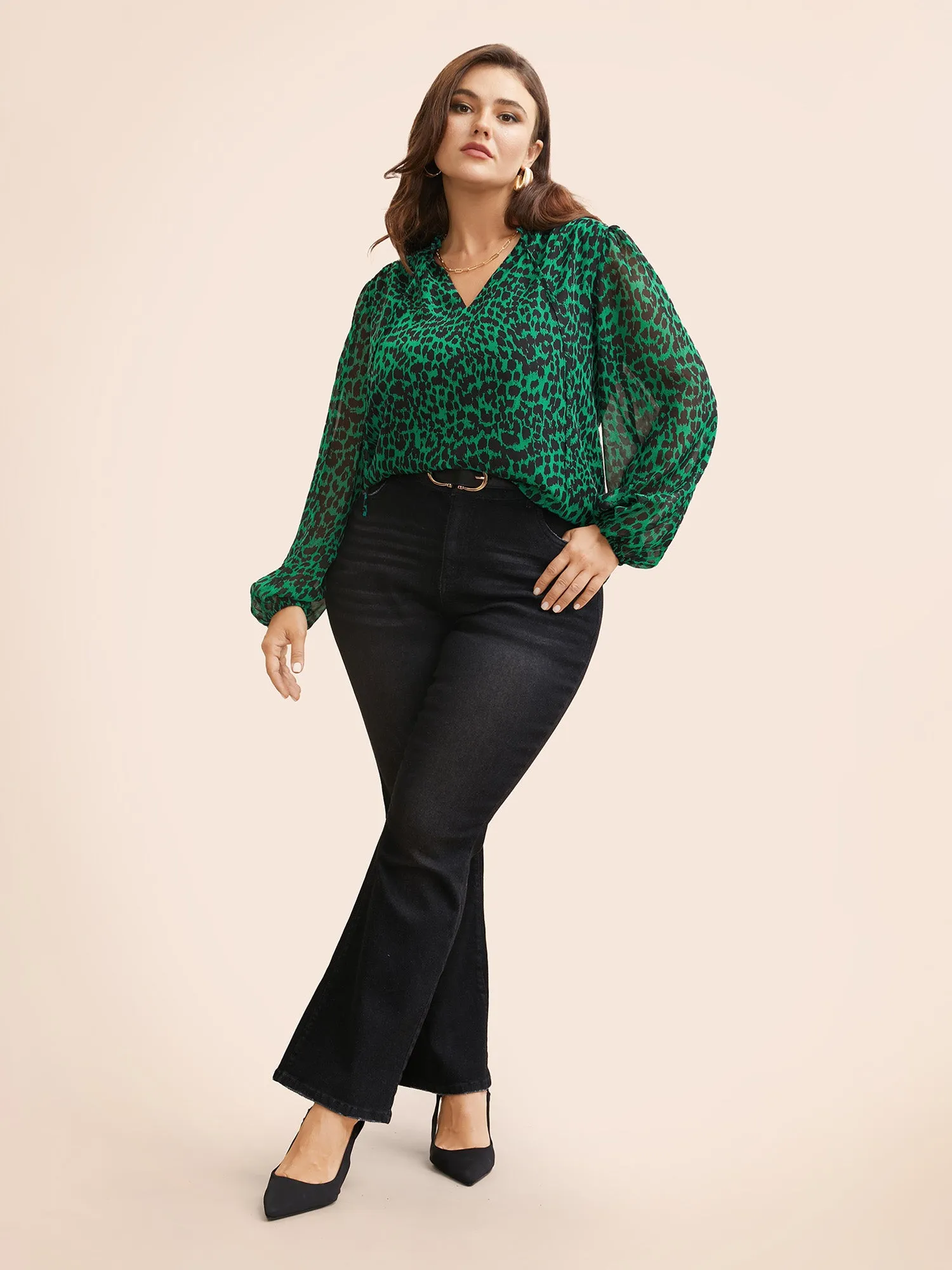 Leopard Print Tie Knot Lantern Sleeve Blouse sold by Bloomchic product image thumbnail 2