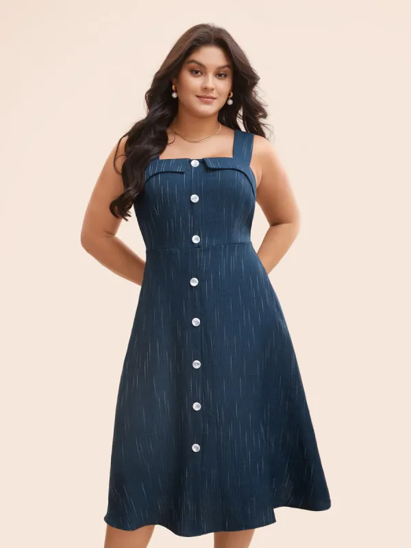 Striped Denim Effect Print Button Detail Dress sold by Bloomchic