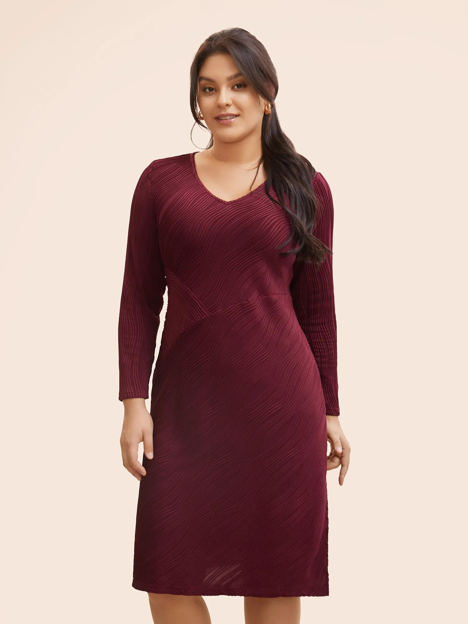 V Neck Split Hem Textured Dress sold by Bloomchic